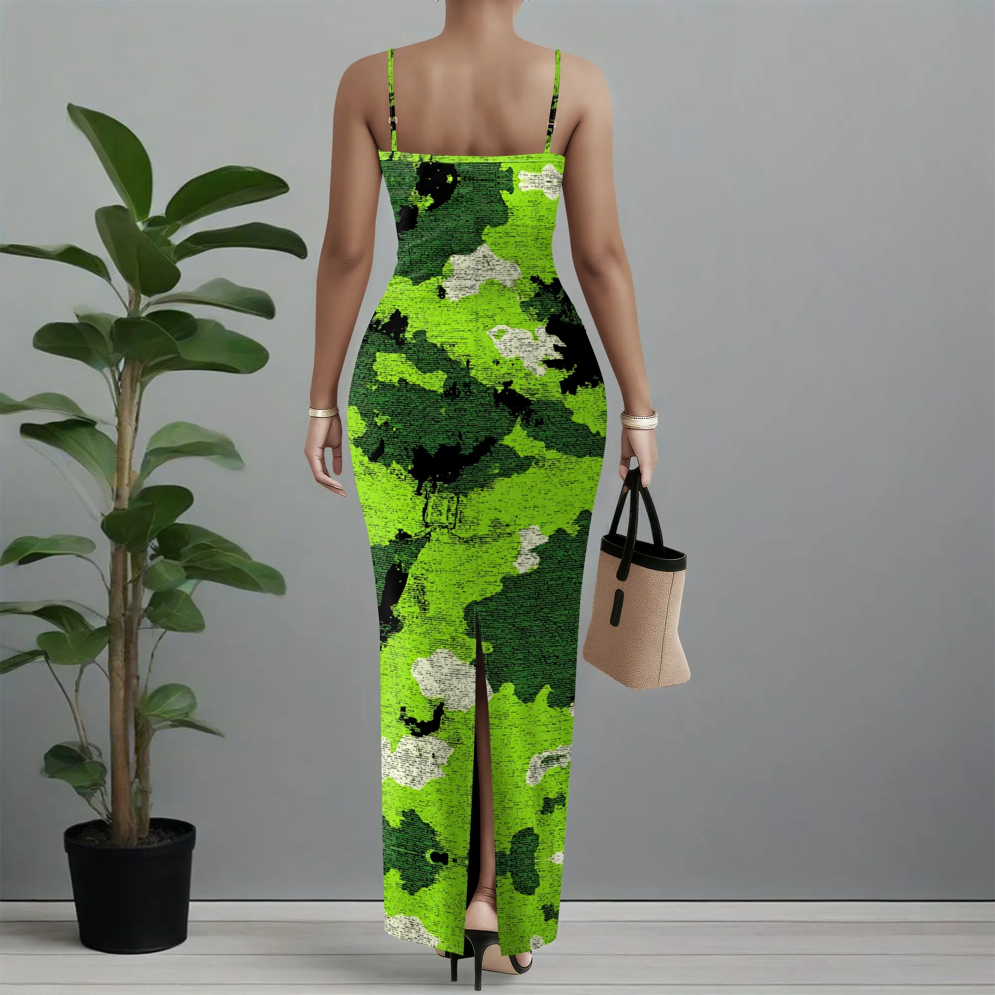 Green Camo Print Bodycon Maxi Dress XS-3XL Spaghetti Strap Slim Fit for Summer Vacation, Music Festival or Pool Party