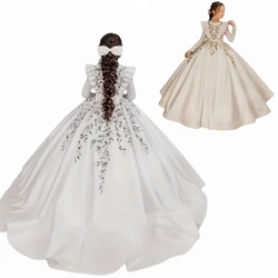 Gorgeous Flower Girl Dress White Fluffy Stain Golden Applique Wedding Elegant First Communion Gowns Eucharistic Birthday Party