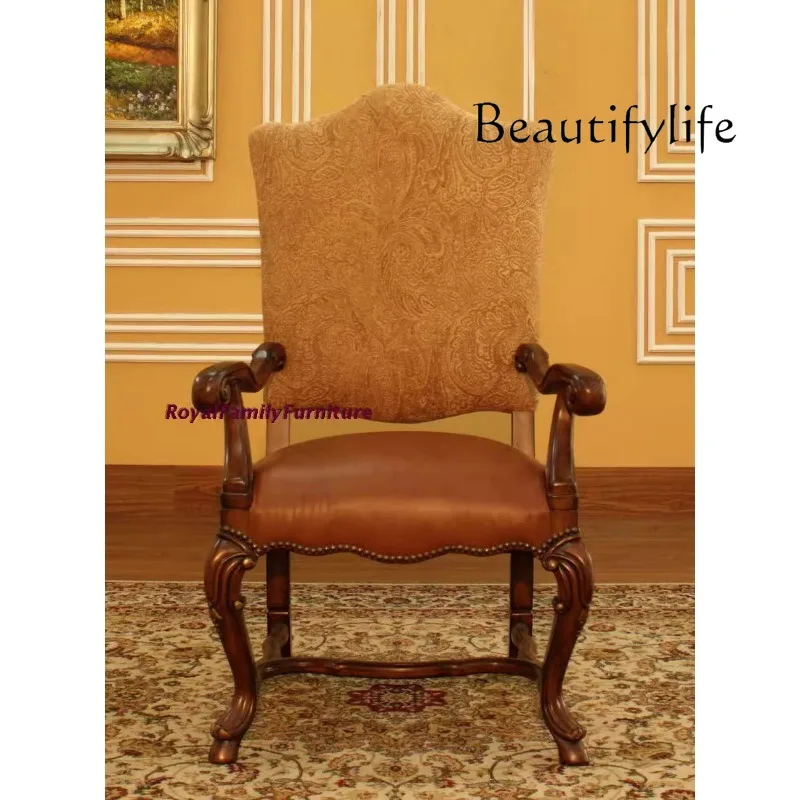American light luxury designer solid wood leather cloth joined armrest dining chair, villa dining table and chairs