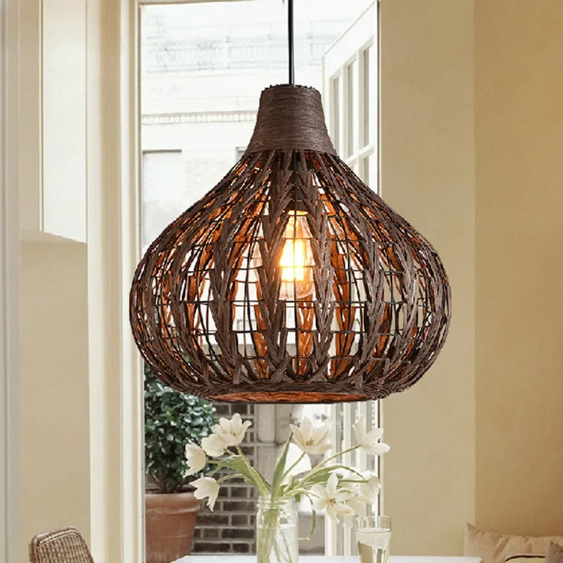 Rattan Lampshade Chandelier Vintage Hand Knitted wicker pendant lamp Vintage Retro Decor Coffee Shop Wood oriental hanging lamp