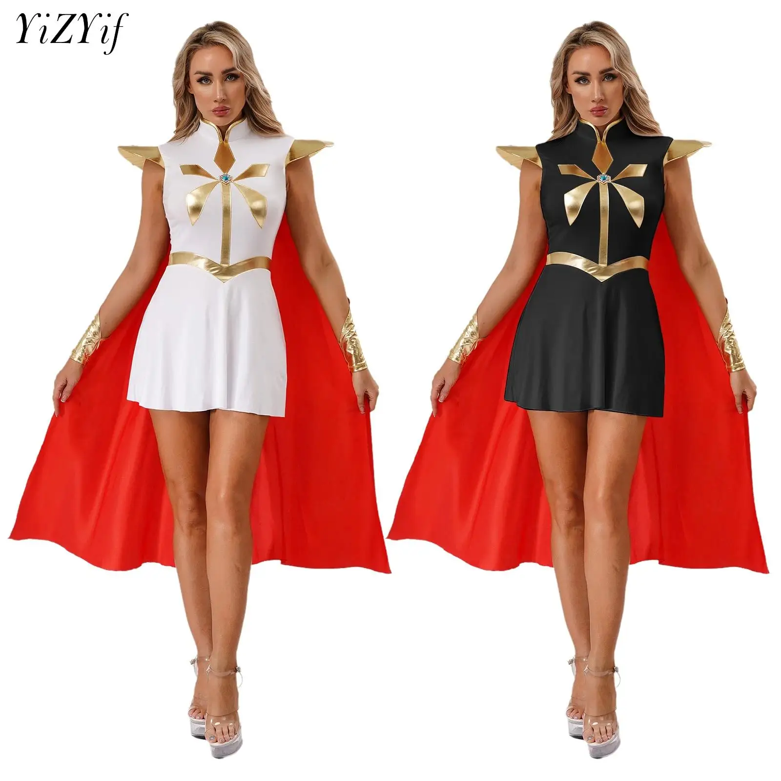 

Womens Power Princess Queen Cosplay Costume Halloween Theme Party Fancy Dress Metallic Gloss Short Sleeve Robe With Cloak Cuff