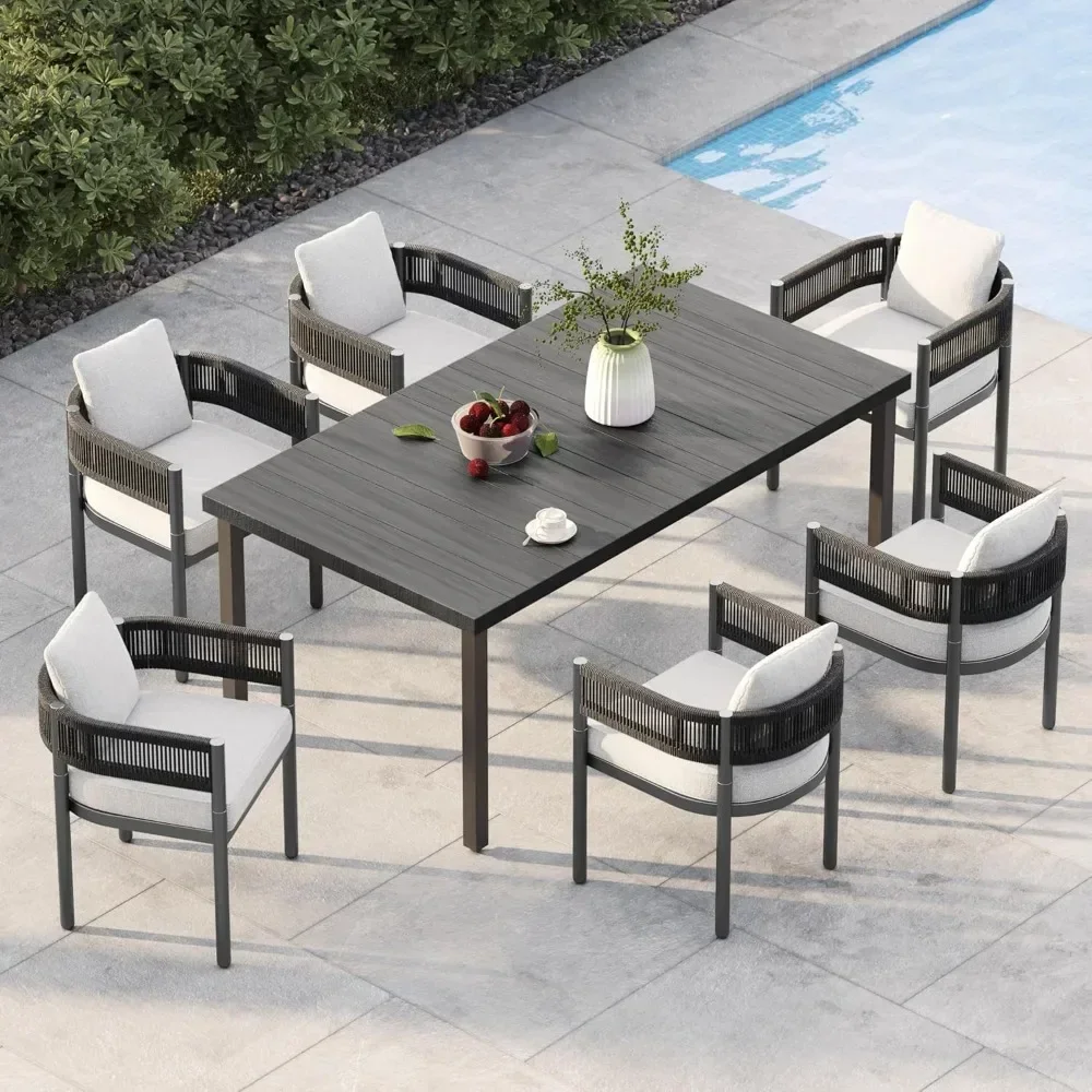 

Patio 7-Piece Outdoor Dining Set for 6, Fixed Patio Chairs with Thickened Cushions & 1 Rectangular Woodgrain Dining Table
