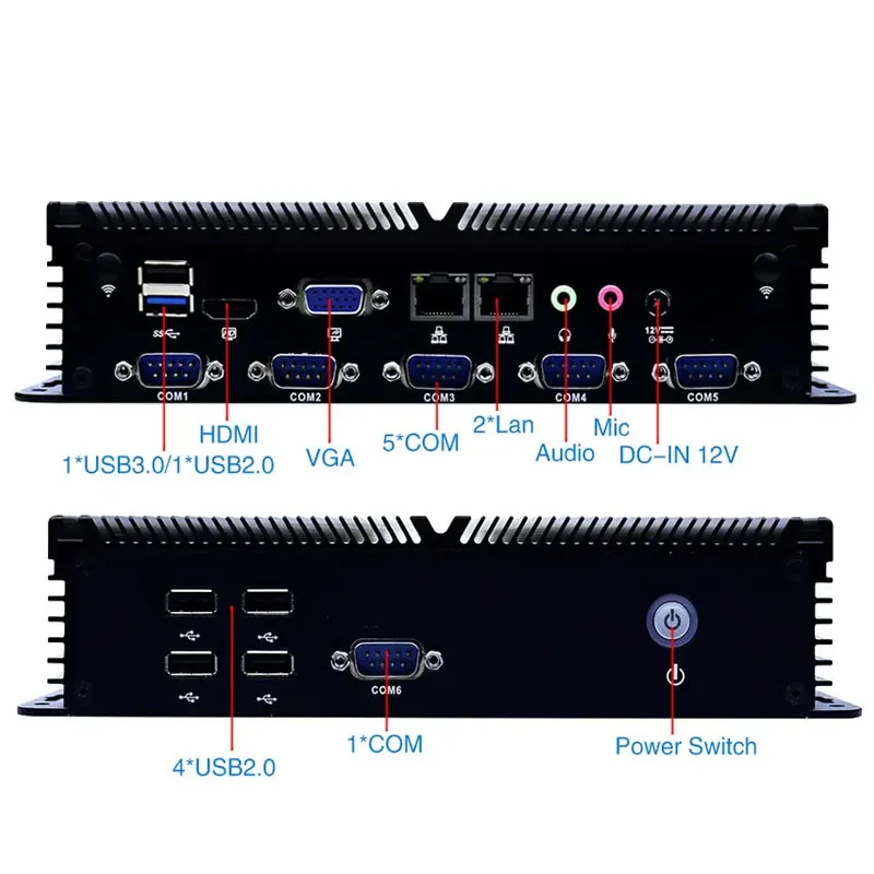Mini PC Partaker Fanless J1900 - LAN dupla, 6xCOM, RS485 opcional, para sistemas integrados industriais/médicos/educação