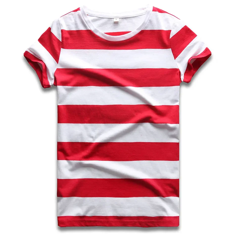 Hot Salling Red White Striped T Shirt for Women Summer Round Rainbow Short Sleeve Tees for Women Casual Summer Cool