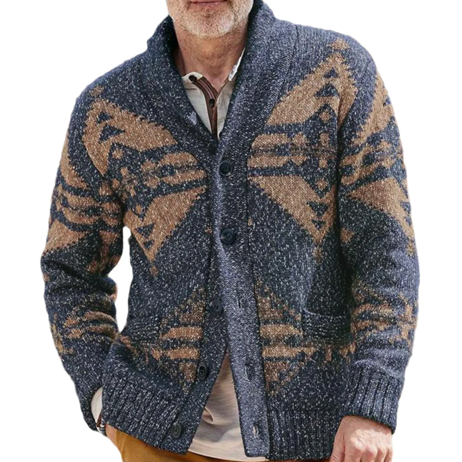 Men's clothing European and American autumn and winter luxury fashion retro jacquard sweater casual versatile woolen jacket top