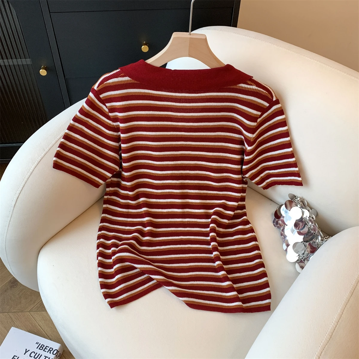 Camiseta clásica Retro de punto a rayas con contraste de colores para mujer, camisetas informales de manga corta con cuello vuelto, Top versátil estilo Koreasn