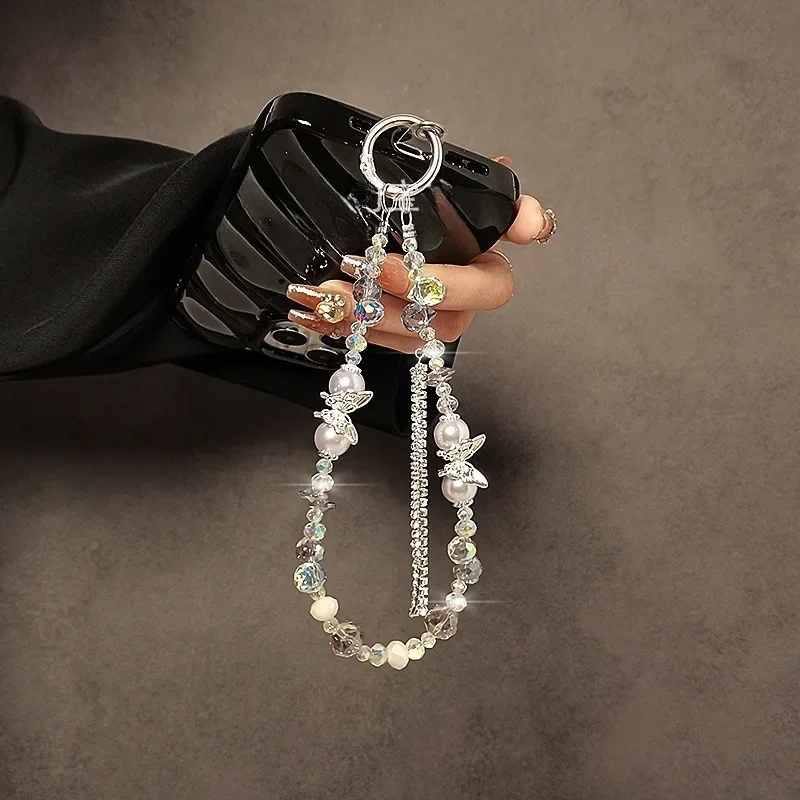 

Кристаллическая вспышка с бабочкой и бисером, кисточка, ремешок для мобильного телефона, ручная цепочка, анти-потерянная веревочная сумка, подвесной аксессуар