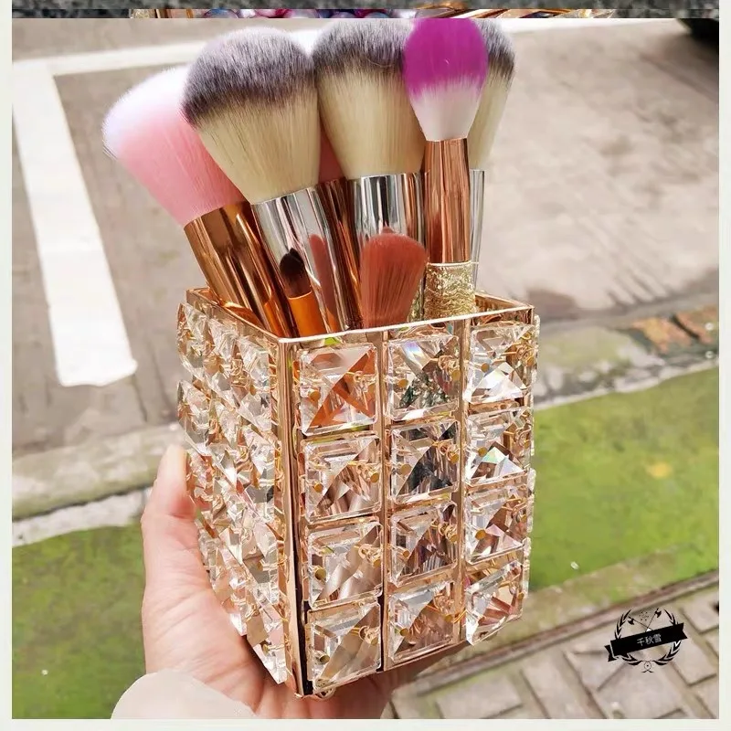 

Crystal Pen Holder Makeup Brush Pot Pencil Storage Container Square Organizer Bottle Storage Desk Stationery Organizer