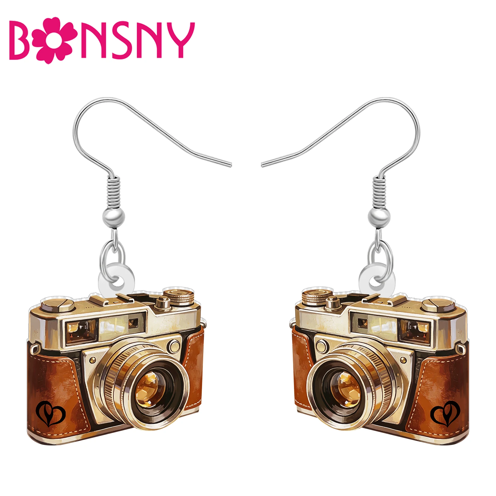 BONSNY Acrylic 70s 80s Vintage Camera Earrings Photography Dangle Antique Jewelry Nostalgia Gifts For Women Mom Statement Charms