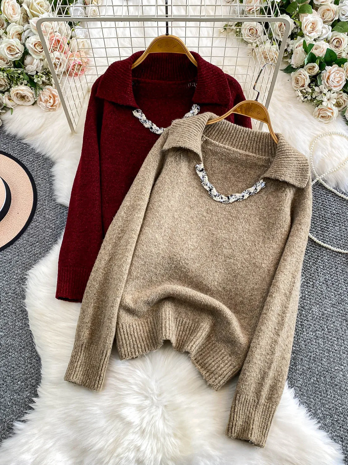 Chic Small Size Knitted V-Ne Top Women Loose Fit Winter Sweater Comfortable Breathable Casual Sle Long Sve Crew Ne