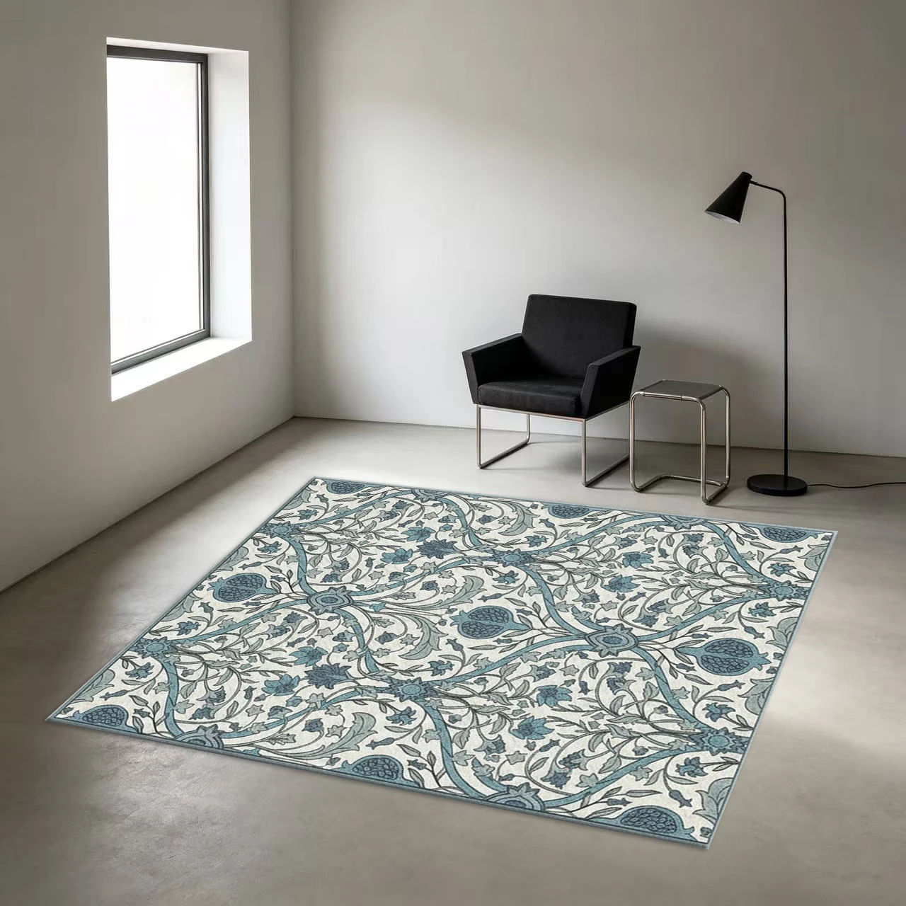 Light Blue White Floral Square Area Rug Vintage Pomegranate Pattern Printed Floor Carpet for Living Room Bedroom Home Decor