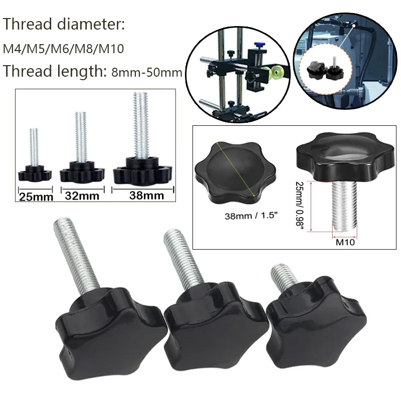 5pcs/10pcs Head diameter 25mm 32mm 38mm Hex Star Knob Male Thread Clamp Knob Screws M4/M5/M6/M8/M10 Hand Tighten Release Screws