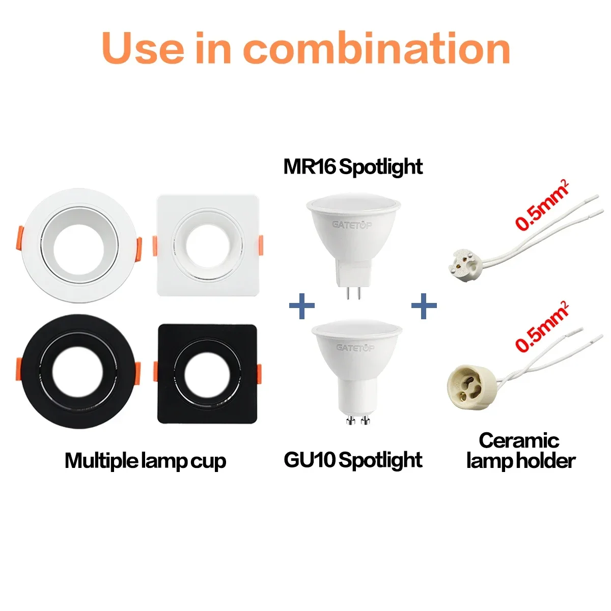 10 قطعة مجموعة أضواء السقف المدمجة مربع قابل للتعديل أبيض أسود طقم إضاءة مستديرة Gu10 Gu5.3 قاعدة حامل مصباح سيراميك #3