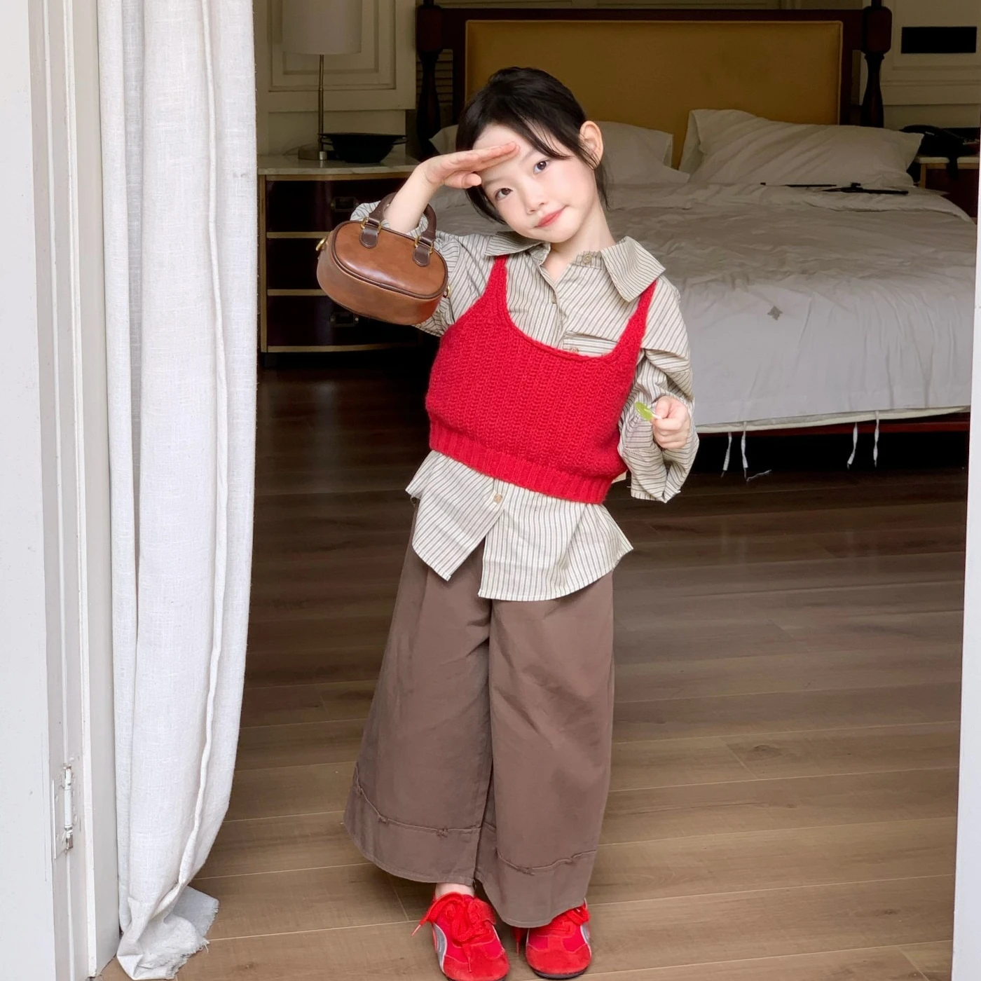 

Girls Suit 2025 Autumn New Children's Clothing Korean Style Girl Baby Knitted Halter Striped Shirt Cotton Pants Three Sets