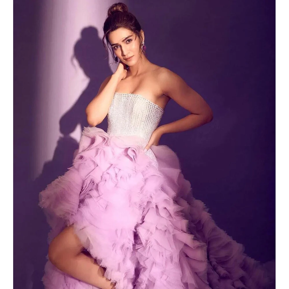 

Charming Pink Tiered Tulle Shiny Beaded Strapless Evening Dress New Fashion Female Formal Banquet Party Gowns robes de soirée