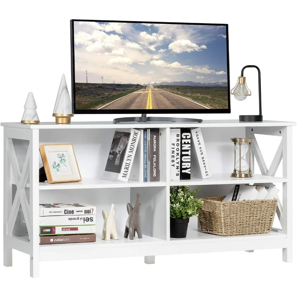 TV Stand for TVs Up To 55 Inches,Farmhouse Entertainment Center with 4 Open Shelves & Built-in Cable Holes, TV Console Table