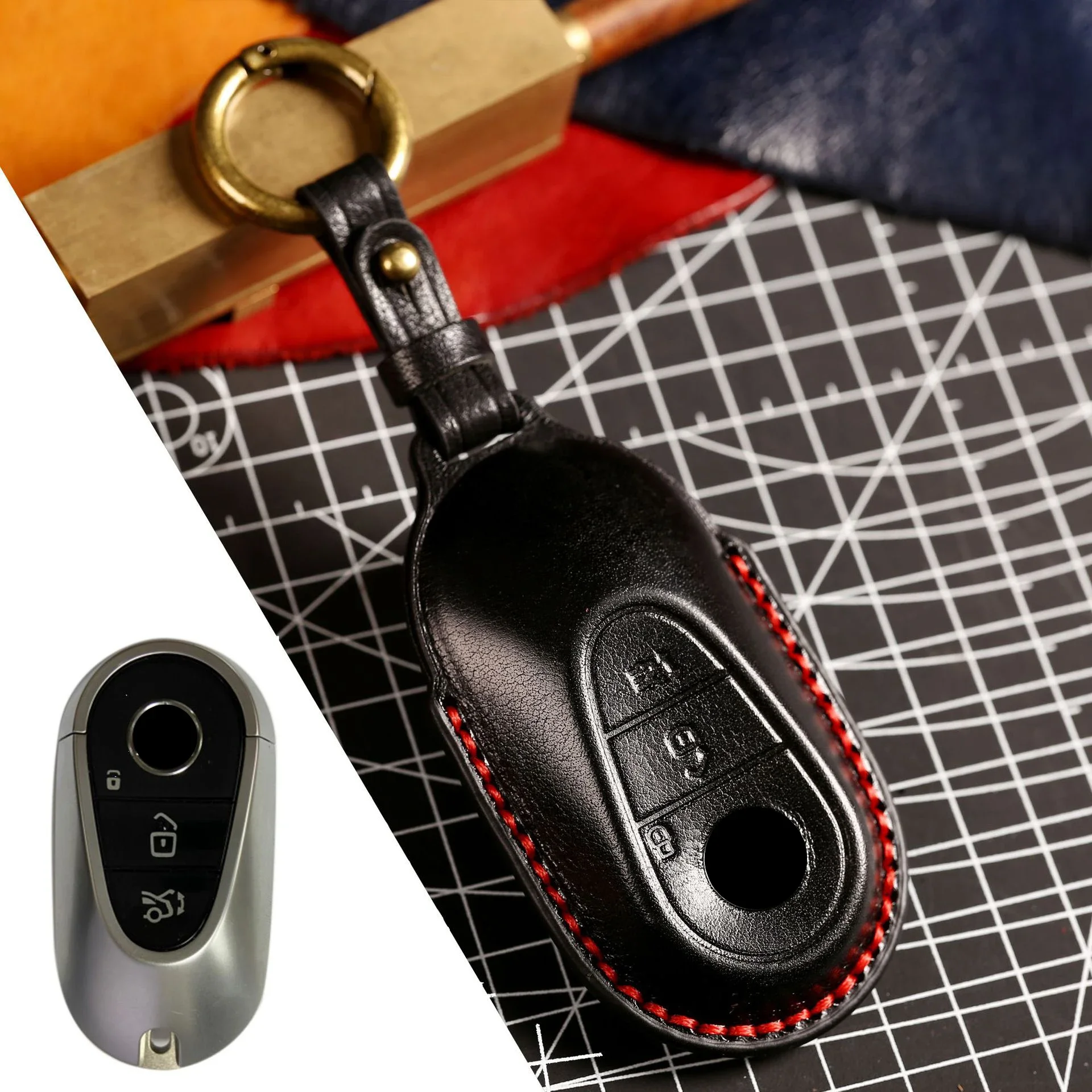 

3D Genuine Leather Key Cover for Benz S400L S450 S500 Maybach Full Enclosed Anti-Scratch Fob Protector w/ Metal Ring