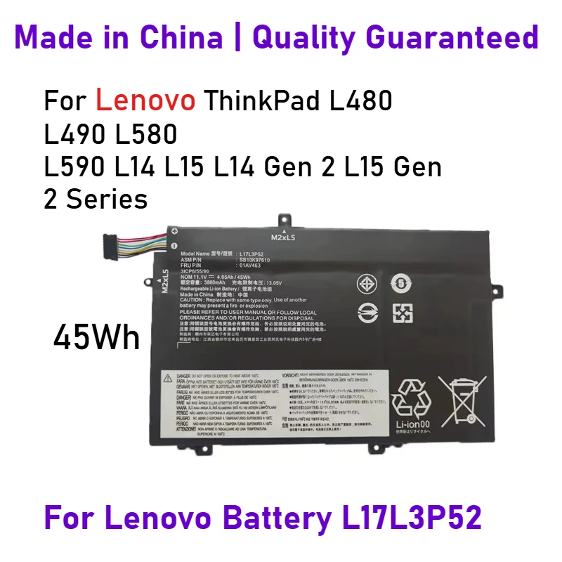11.1V 01AV463 L17L3P52 Laptop Battery for Lenovo ThinkPad L14 L15 Gen 2 L480 L490 L580 L590 L17L3P51 L17C3P52 L17M3P53 01AV465