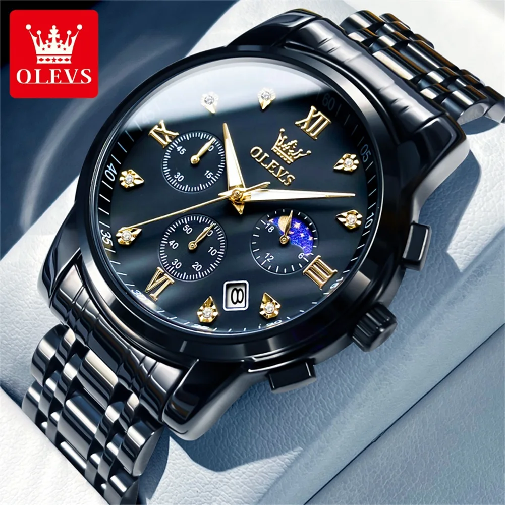 OLEVS 2858 Herenhorloge Luxe merk quartz horloge Multifunctionele chronograaf Waterdicht lichtgevend maanfasehorloge Trend herenhorloge