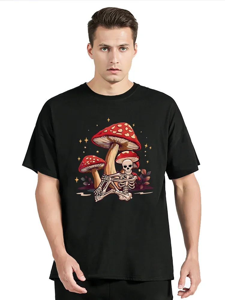 Funny Skeleton Mushroom Head Skull Mycophile Foraging Tshirt Men Women Cotton T-Shirt Men's Clothing Oversized Tshirt Tops