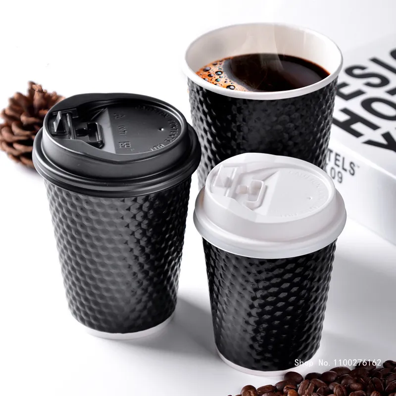 

50pcs High Quality Thickened Black 12 Ounce Disposable Coffee Cup Hot Drink Packaging Takeaway Milk Tea Soy Paper Cup with Lids