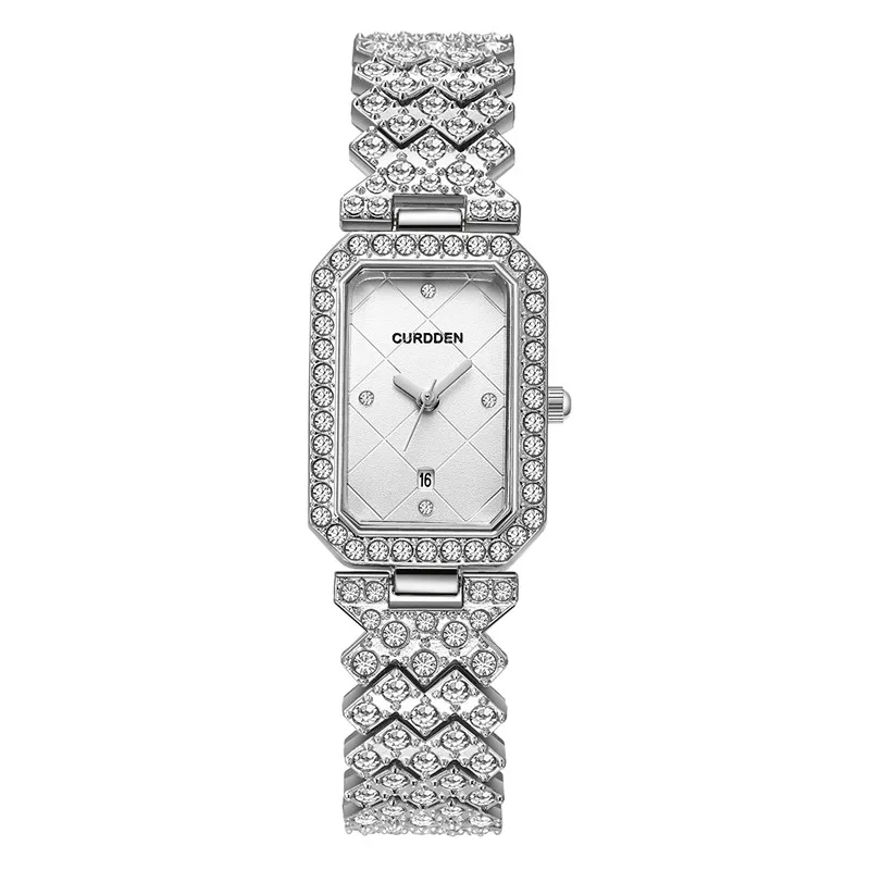 Original CURDDEN Brand Rectangular Watches For Ladiies Fashion Casual Alloy Band Diamond Luxury Quartz Watch Silver Montre Femme