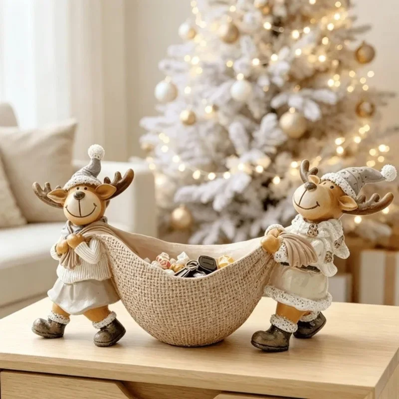 Handmade resin decorative bowl, shaped like a moose and featuring Christmas reindeer motifs in a cartoon style; an ideal ornamen