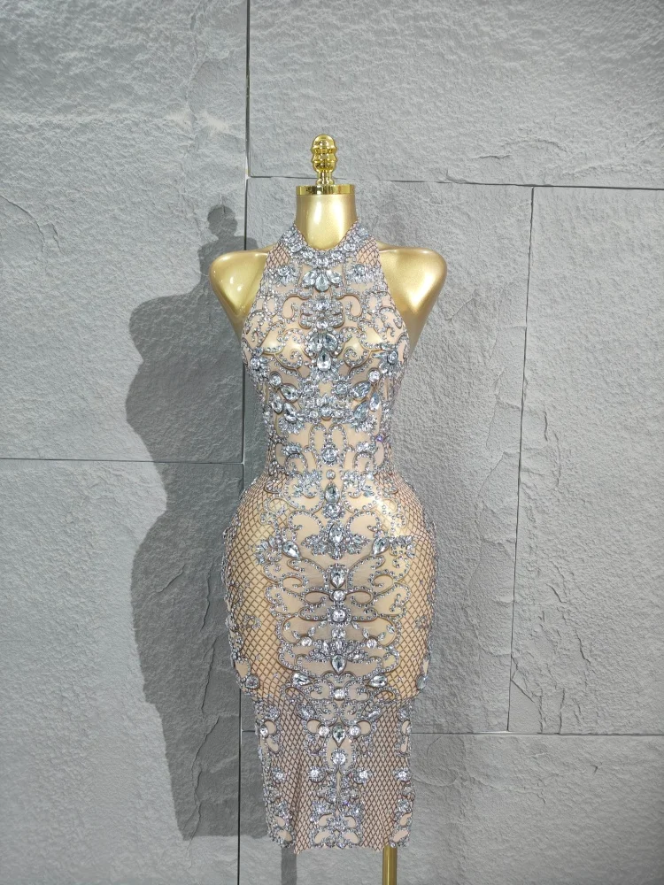 

Luxurious Sparkly Crystal Diamonds Print See Through Stretch Mesh Dress Women Evening Birthday Party Dancer Sexy Nightclub