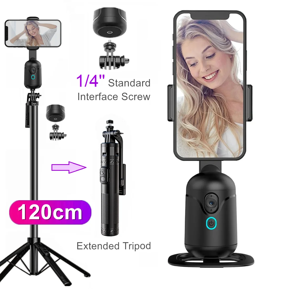 Wireless Auto Face Tracking Phone Holder Selfie Stick 360° Rotation No-APP Required Mobile Gimbals Stabilizer for Smartphones