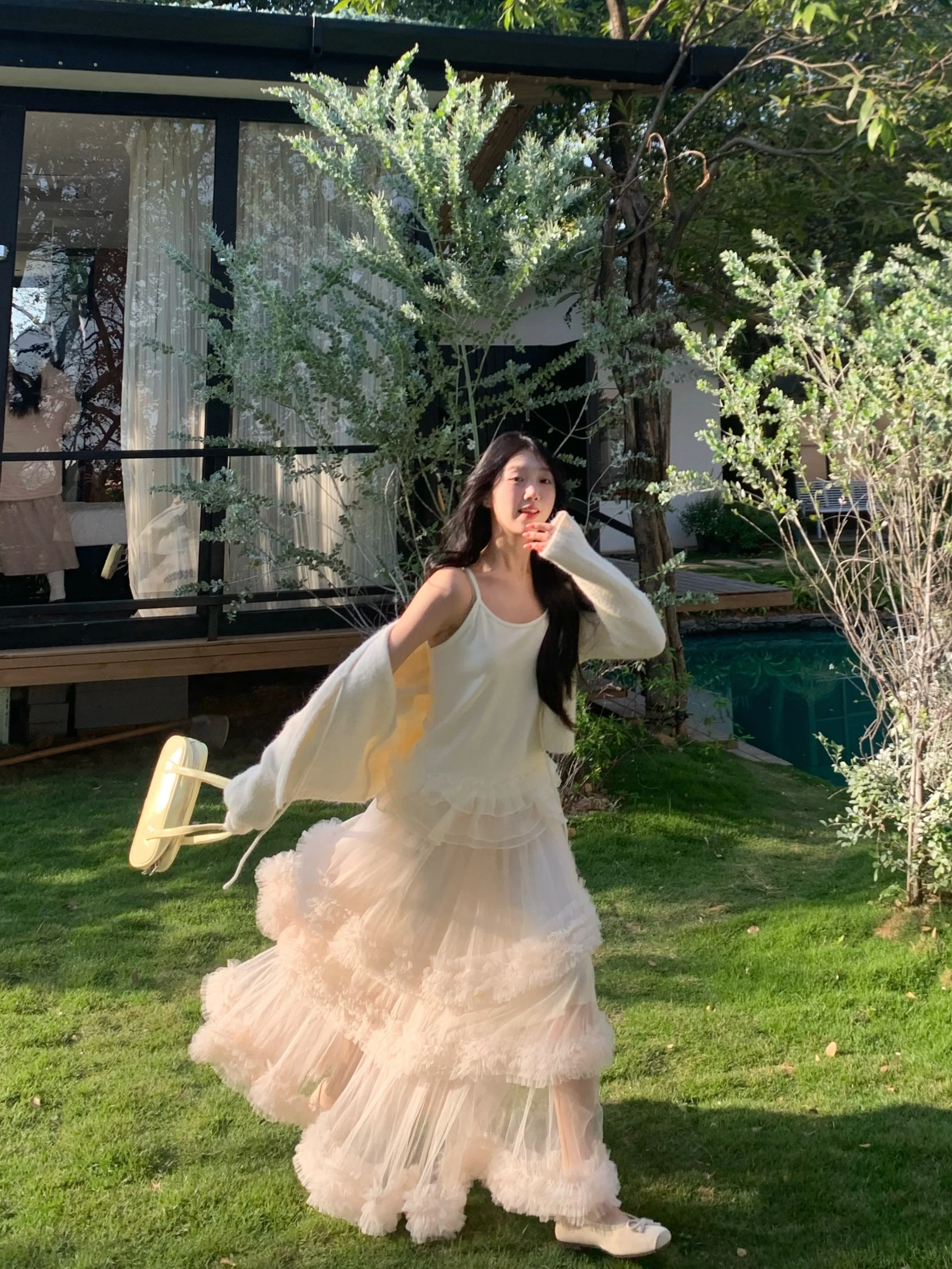 

Domx Korean Sle f-length Fairy-t Skirt in Beige Women's Gown Luxury Sensation Cake Skirt Princ-sle High-waist