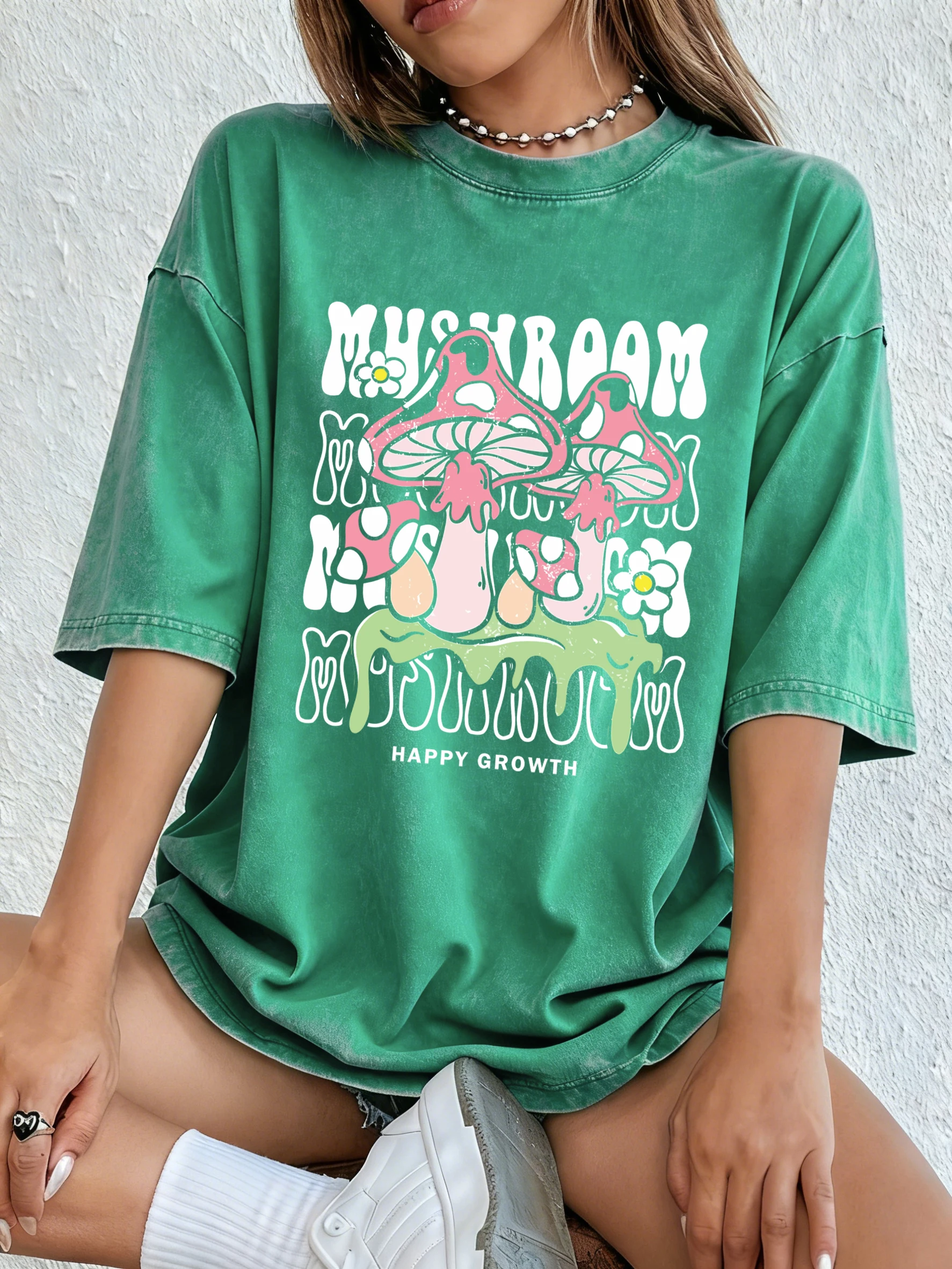 الإبداعية الفطر إلكتروني طباعة غسلها تي شيرت المرأة Y2K كل مباراة ملابس قطنية Crewneck تي شيرت غير رسمي فضفاض الصيف الشارع الشهير #1