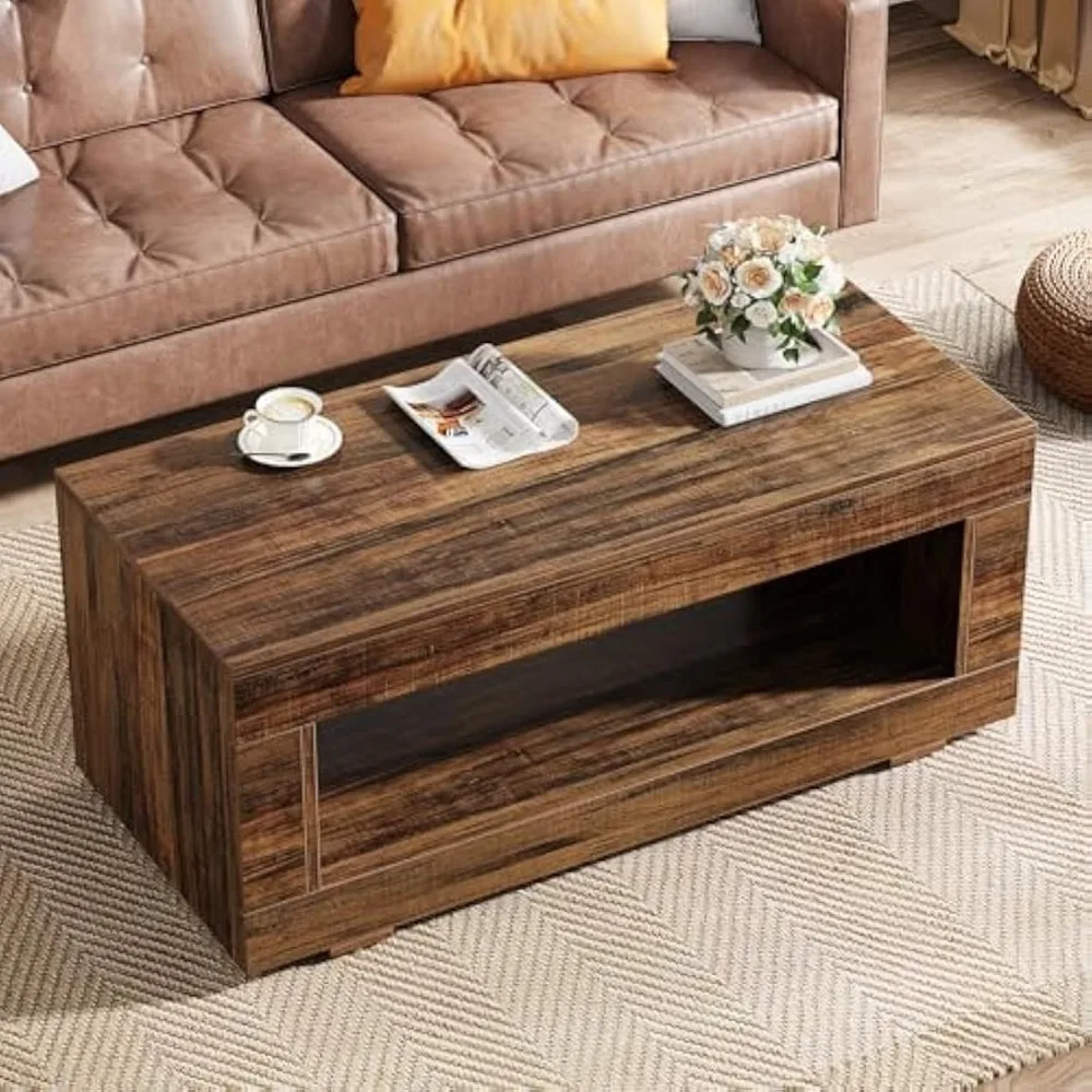Wood Coffee Table for Living Room, 43.3" Modern Farmhouse Coffee Table with Storage, 2-Tier Rectangular Center Table Cocktail L