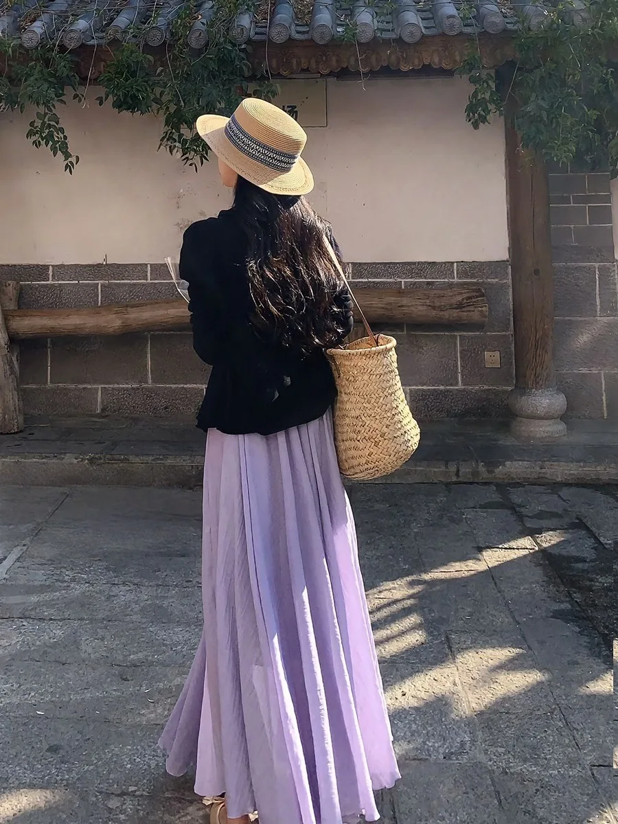 

2025 New Summer Solid Vintage Cotton Linen Skirt Women High Waist Long Pleated Skirt for Women Casual A-line Skirt Female