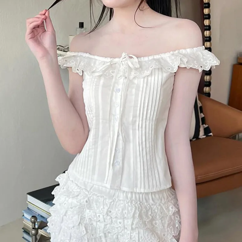 Enchanting Top Delicate Pleated Off-Shoulder Top Figure-Hugging Short-Sleeve Slim Top Youthful French Ruffled T-Shirt