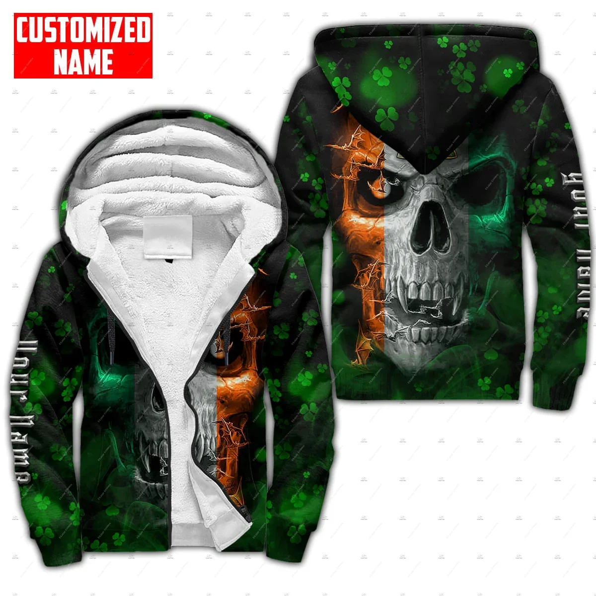 Custom Name Irish Ireland Country Flag St.Patrick Vintage 3DPrint Harajuku Autumn Winter Warm Coat Fleece Jacket Zip Hoodies X2