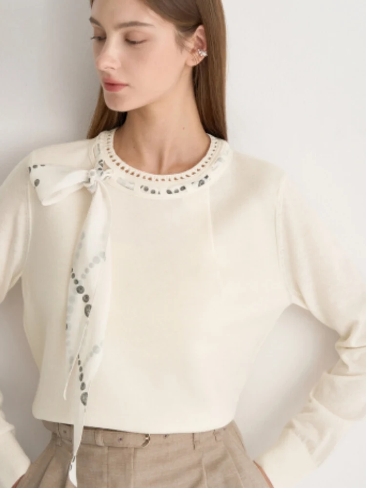 

Корейский вязаный топ с узлом, повседневный, удобный, модный, универсальный, с длинными рукавами и круглым вырезом для девочек