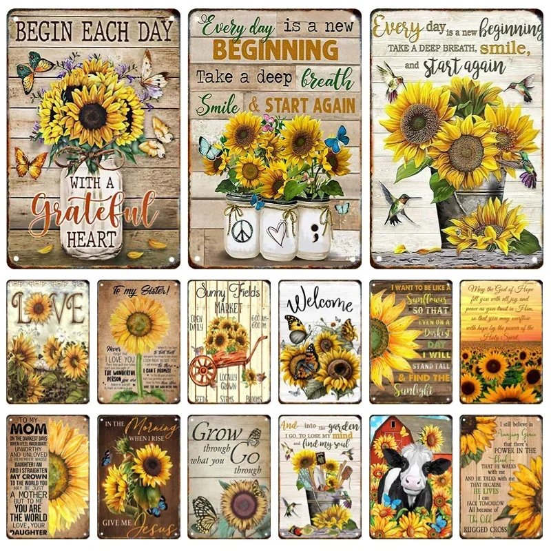 Vintage Metal Sunflower Tin Sign Butterfly Wall Decor Sunshine Positive for Home Living Room Garden Farmhouse Outdoor Poster