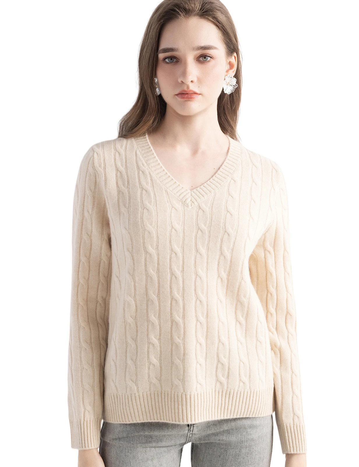 

Women's Sweater 100% Pure Cashmere Sweater Fall Winter V Neck Long Sleeve Warm Soft Knitted Pullover New Knit Tops Women Clothes