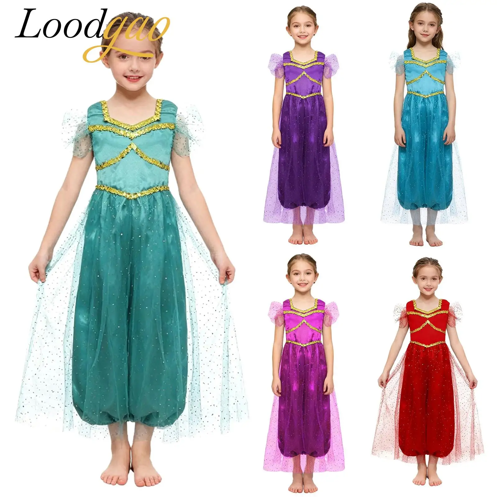 

Girls Arab Princess Costume Sequins Dance Romper Arabian Fancy Jumpsuit Prom Party Costume Mythical Character Role Play Costume