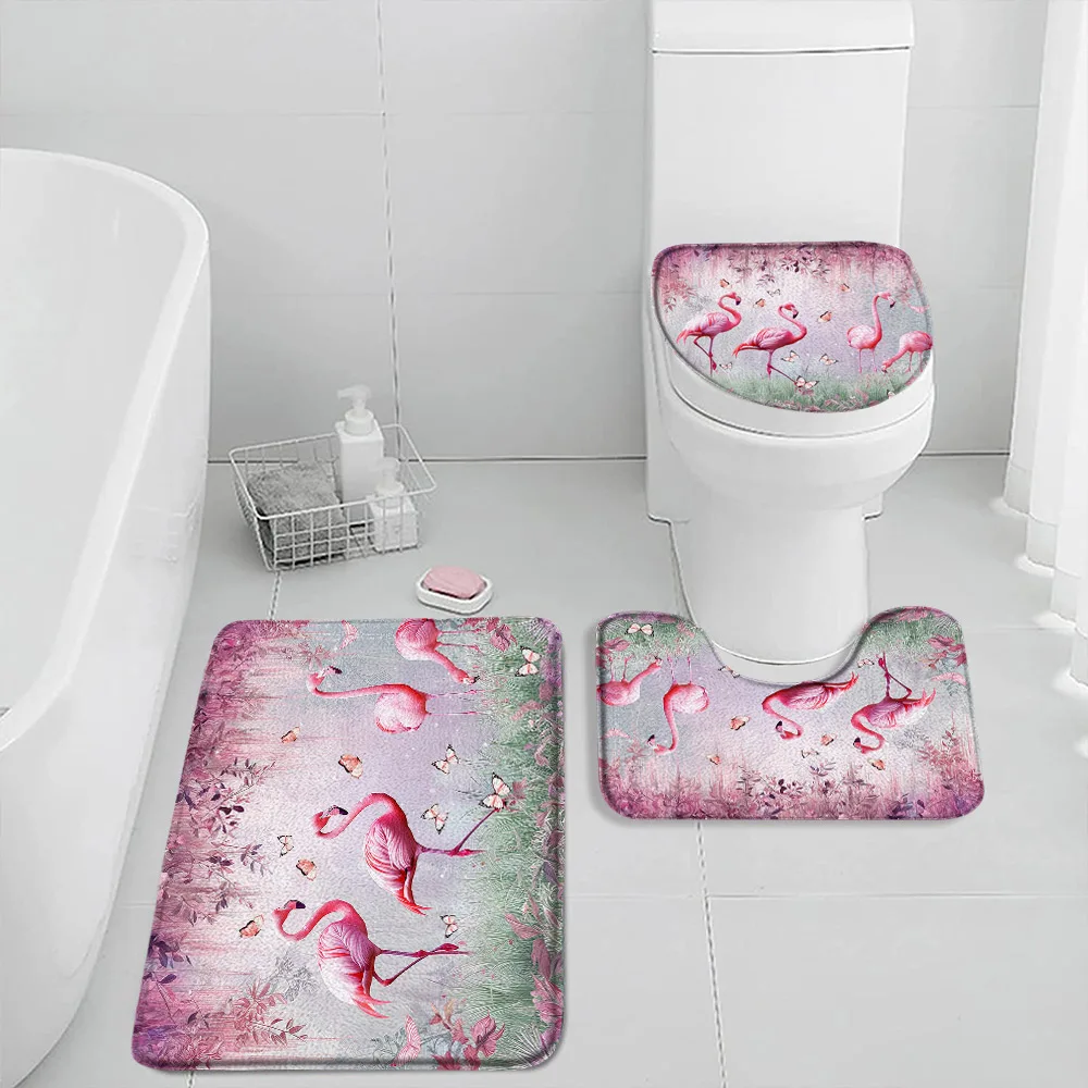 Flamingo Bath Mat Set Tropical Leaves Pink Birds Purple Plants Elegant Aesthetic Flannel Bathroom Rug Toilet Lid Cover for Bath