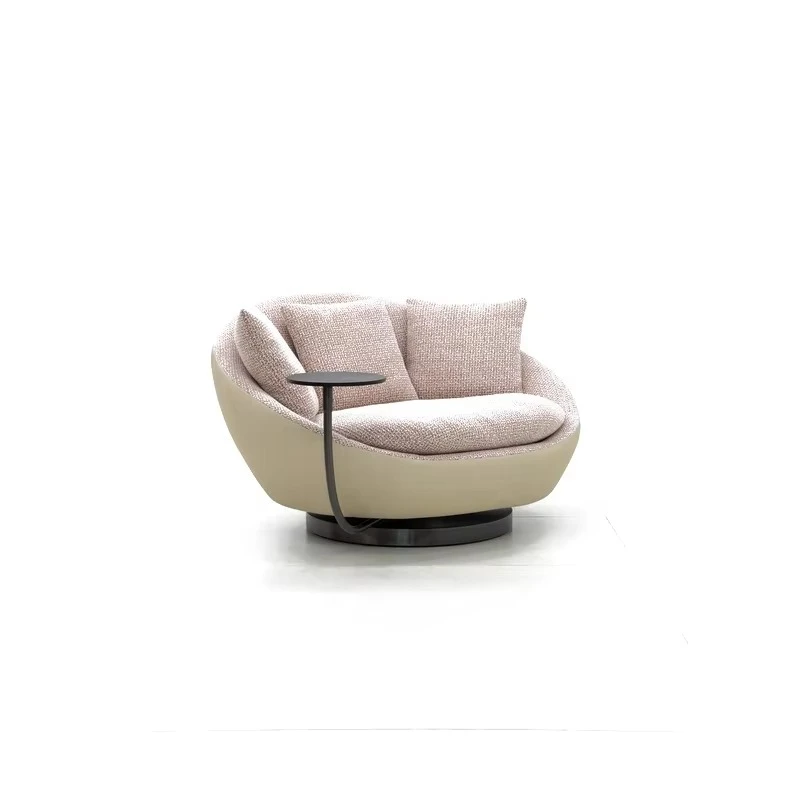Beige textured fabric egg chair with metal base and side table