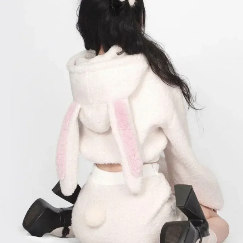 2024 New Fluffy Rabbit Ear Hoodie Coat Women  Y2k E-Girl High Waist Bodycon Split Skirts Winter Thicked Warm Two Piece Sets