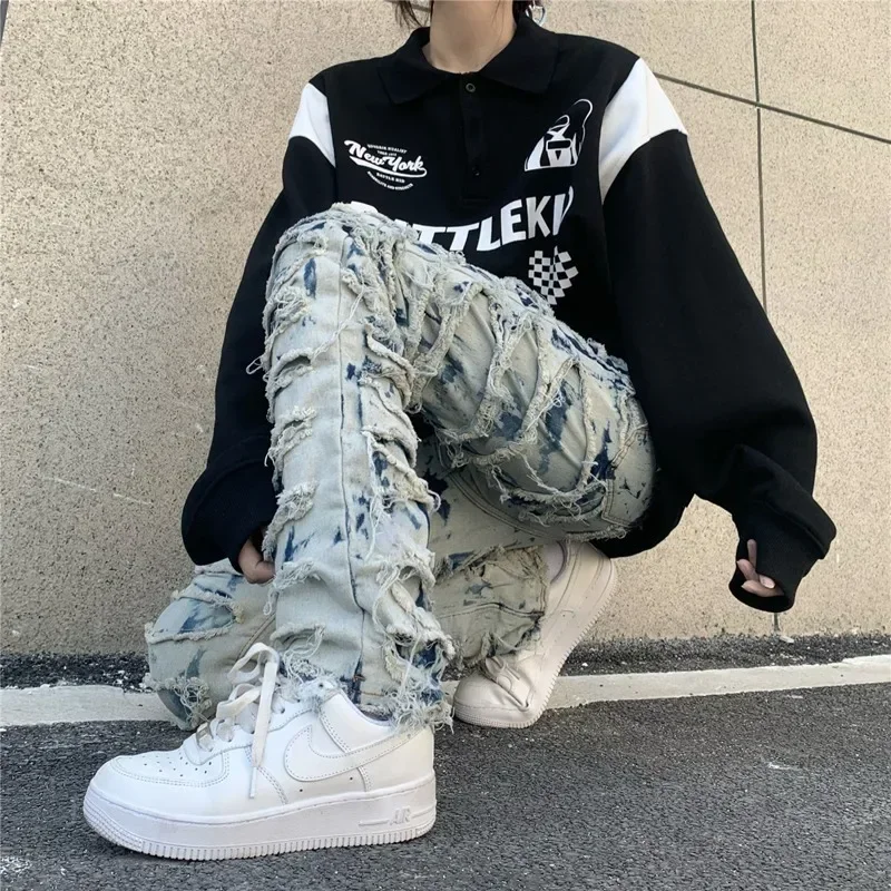 Casual Tie Dye Jeans Men and Women Straight Pants Streetwear Ripped Hole Washed Baggy Harajuku Denim Trousers