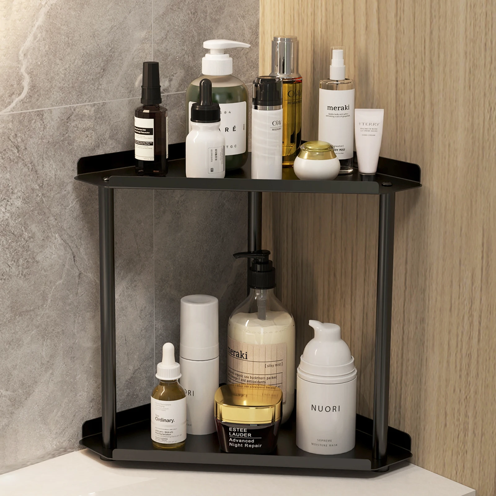 2-stufiges multifunktionales Ecklagerregal aus Metall für Badezimmer, Kosmetik, Küche, Gewürzregal, Büro, Zuhause, Theke, Organizer