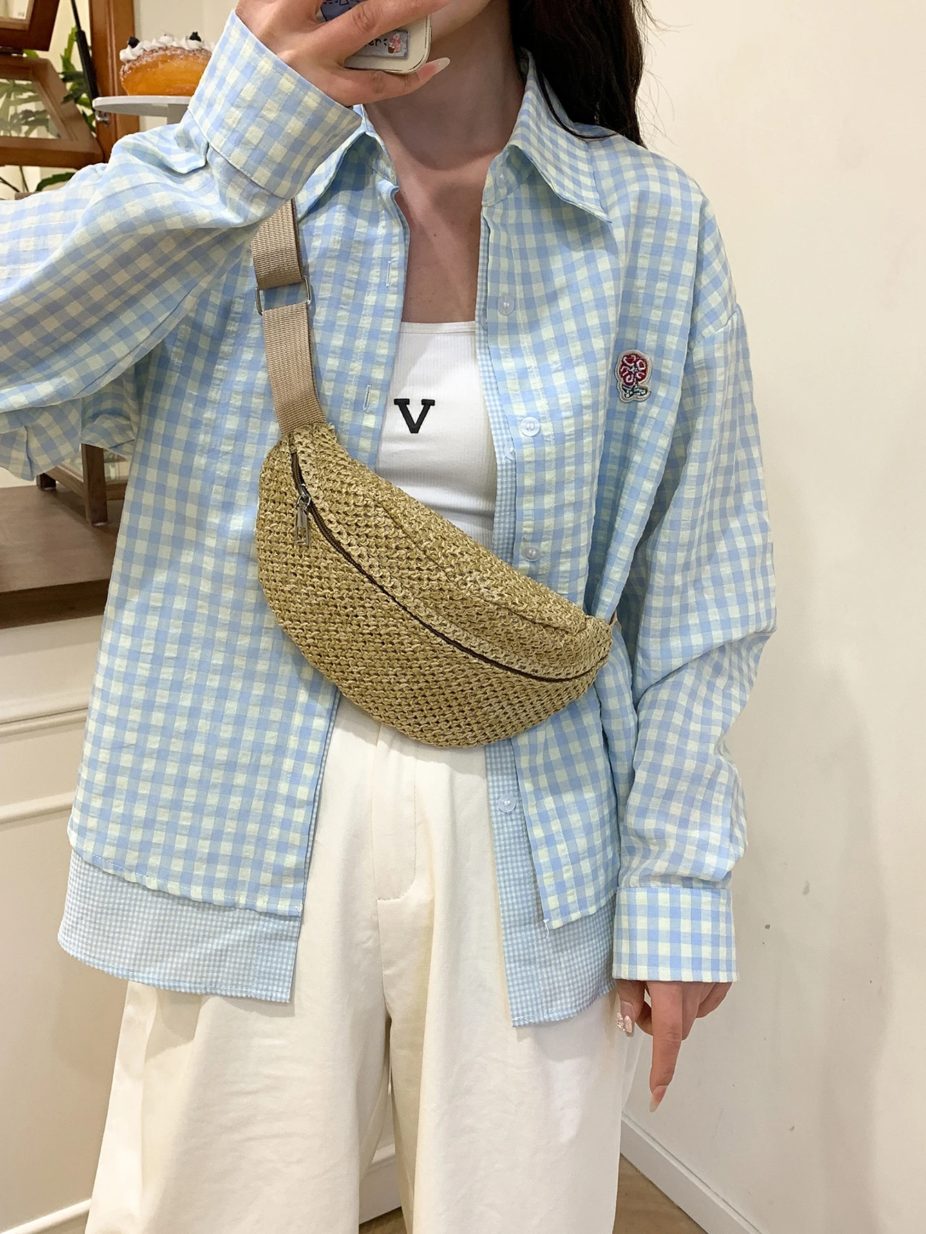 Straw Fanny Pack Women's Sling Bag Crochet Waist Bag Travel Beach Vacation Natural Cross- body Pouch Shoulder Handbag