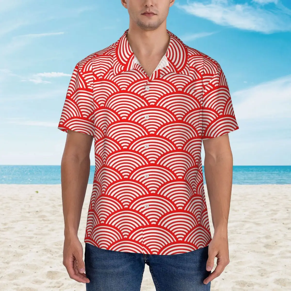 

Red Seigaiha Vacation Shirt Man Japanese Waves Casual Shirts Hawaii Short-Sleeve Design Elegant Oversize Blouses Gift Idea