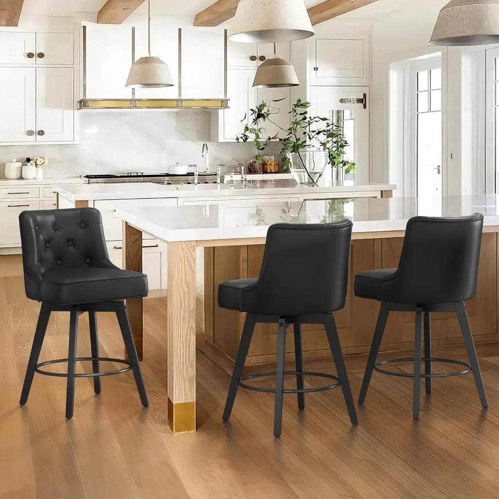 

26" Swivel Counter Height Bar Stools Set of 3, Modern Bar Stools with Back and Metal Round Footrest, Solid Wood Legs, Faux Leath