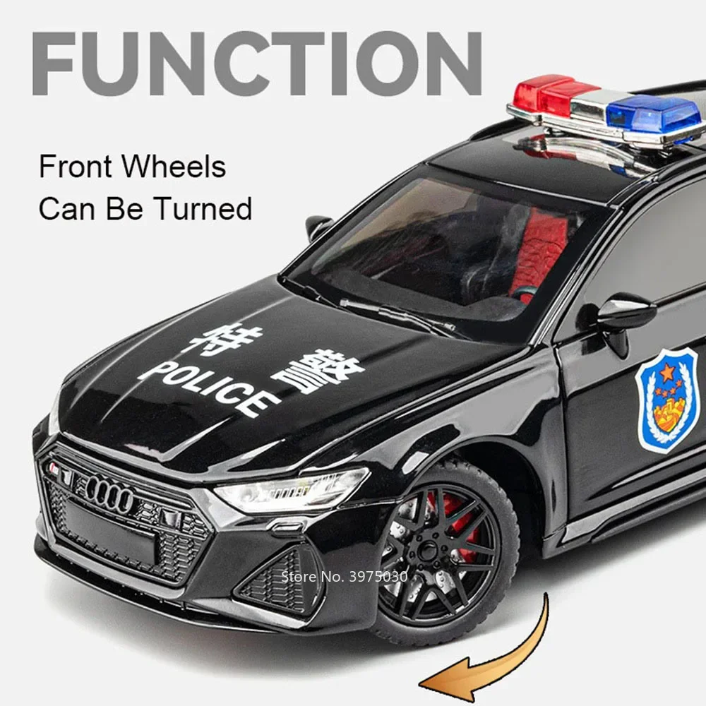 1:24 AUDI RS6 Police Cars Miniature Models Alloy Diecast Toys with Sound Light Pull Back Vehicles for Children Collection Gifts