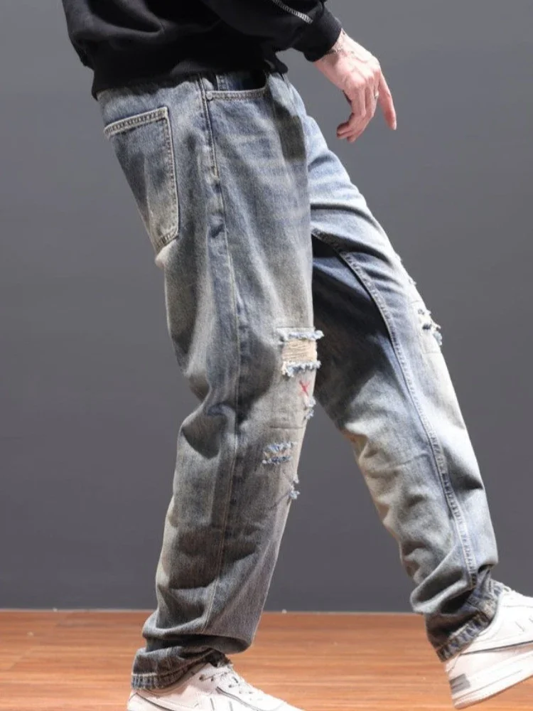 

Ripped Jeans for Men Broken Trousers Torn with Holes 90s Streetwear Y 2k Vintage Autumn Clothing Y2k Wide Leg Man Cowboy Pants