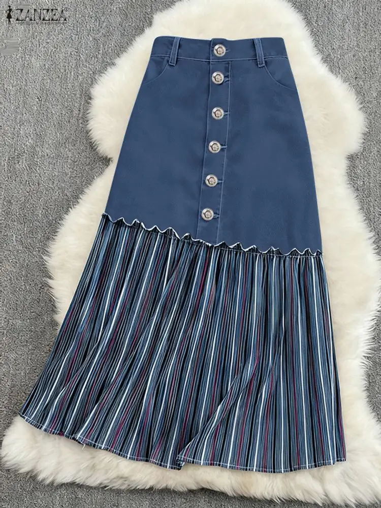 2025 ZANZEA Autumn Women Denim Long Skirts High Waist Patchwork Printing Jupes Faldas Saia Casual Loose Buttons Ruffled Skirts